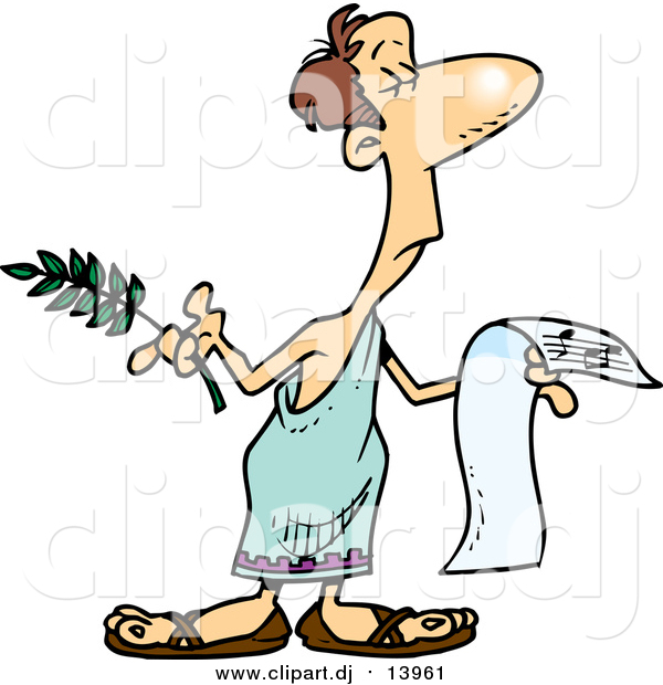 Cartoon Vector Clipart of a White Man in a Toga, Holding Sheet Music