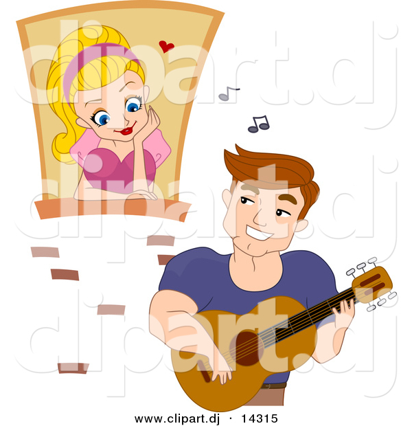 Cartoon Vector Clipart of a Young Man Playing Music to Girl Watching from a Window in a Castle
