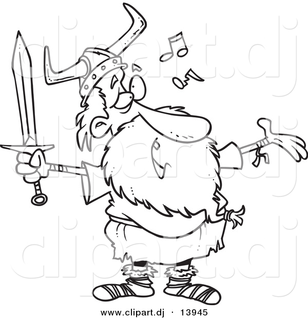 Cartoon Vector Clipart of an Old Singing Viking Holding a Sword - Coloring Page Outline - Black and White