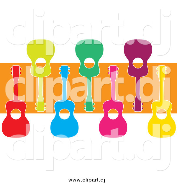 Cartoon Vector Clipart of Colorful Ukuleles and an Orange Stripe