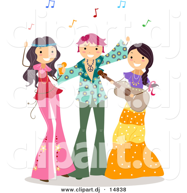 Cartoon Vector Clipart of Happy Teens at a Hippie Themed Party with Music