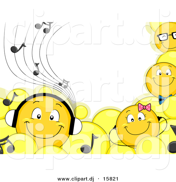Cartoon Vector Clipart of Smiling Emoticons Wearing Headphones and Music Notes - Border Background Design with Blank Copyspace