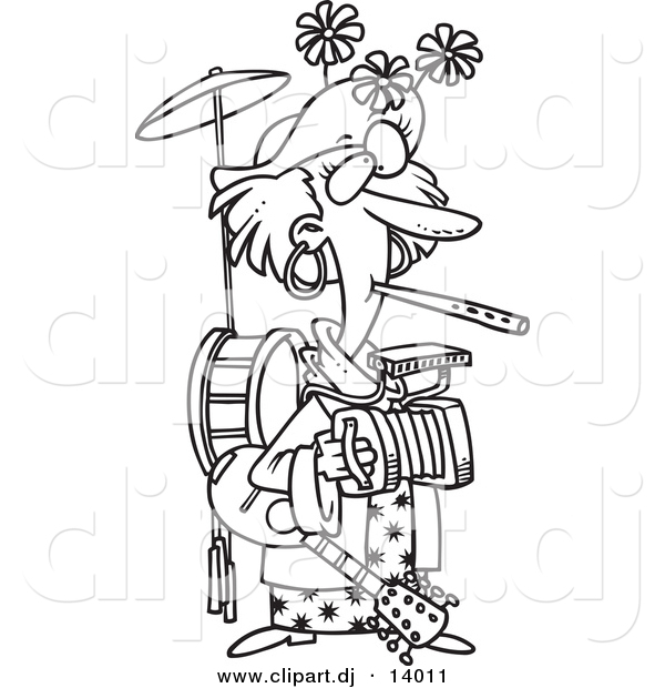 Cartoon Vector of One Woman Band - Coloring Page Outline