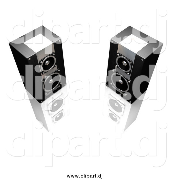 Clipart of 3d Black and Silver Stereo Speakers Facing Slightly Towards Each Other, on a Reflective White Surface