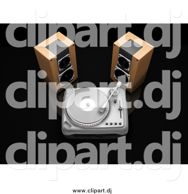 Clipart of 3d Stereo Speakers Beside a Turntable Playing a Record, on a Black Reflective Surface