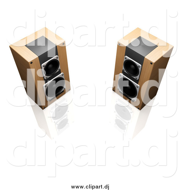 Clipart of 3d Wood Radio Speakers Facing Slightly Towards Each Other, on a Reflective White Surface
