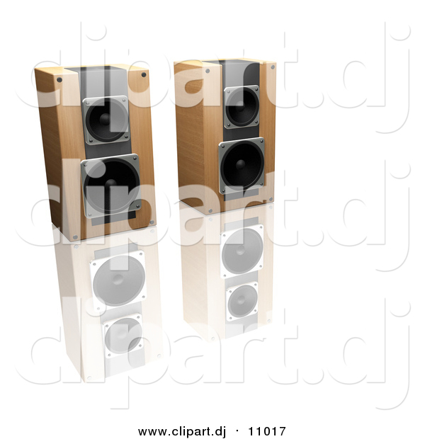 Clipart of 3d Wooden Stereo Speakers Side by Side on a Reflective White Surface