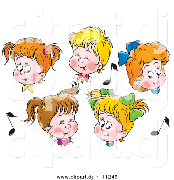 Clipart of 5 Cartoon Boys and Girls in Choir, Singing