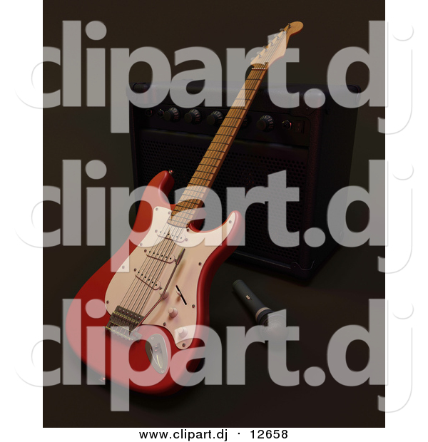 Clipart of a 3d Electric Guitar by a Music Speaker and Microphone