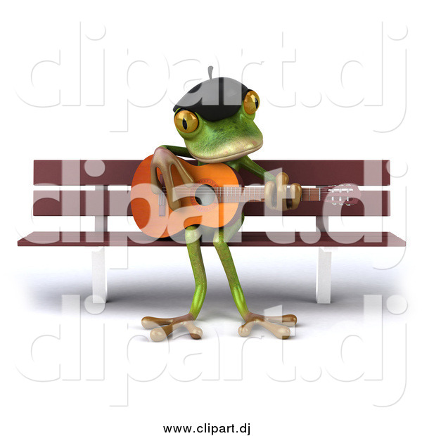 Clipart of a 3d French Frog Playing a Guitar on a Bench