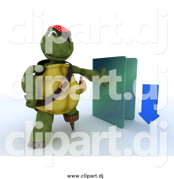 Clipart of a 3d Illegal Download Tortoise Pirate with a Blue Folder