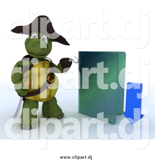 Clipart of a 3d Illegal Download Tortoise Turtle Pirate with a Blue Folder