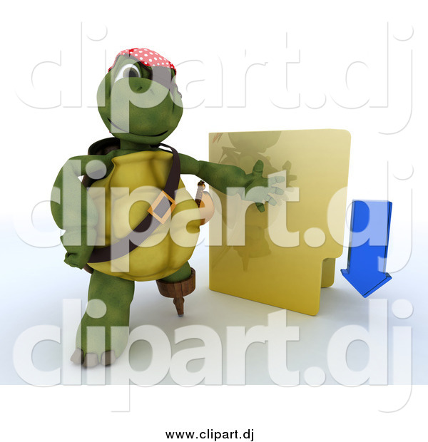 Clipart of a 3d Illegal Download Tortoise Turtle Pirate with a Folder