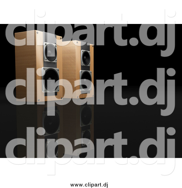 Clipart of a 3d Pair of Wood Speakers Side by Side, Facing Right, on a Reflective Black Surface
