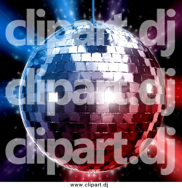 Clipart of a 3d Silver Disco Ball over Red and Blue Lights on Black