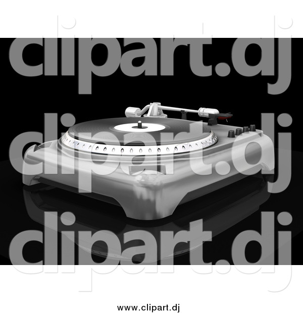 Clipart of a 3d Silver Record Player with the Spinning Table, Needle and Knobs, on a Reflective Black Surface