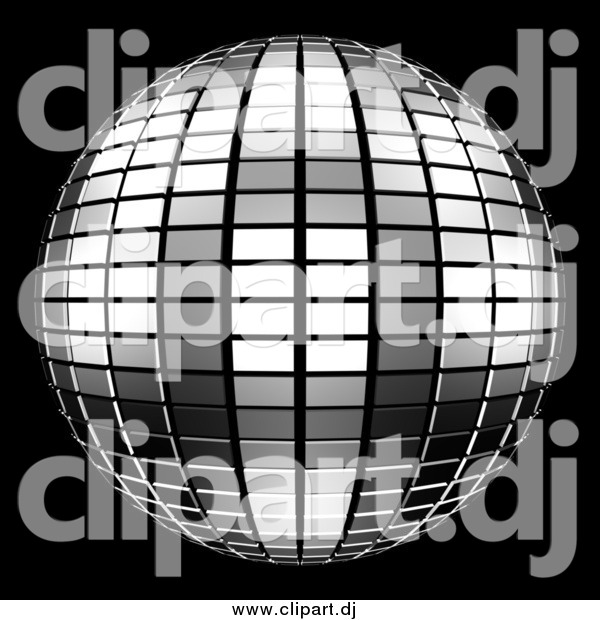 Clipart of a 3d Tiled Silver Mirror Disco Ball on Black