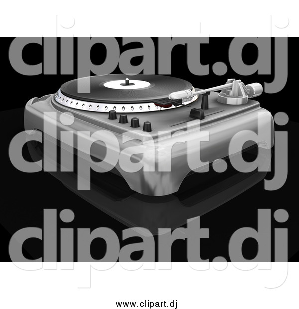 Clipart of a 3d Turntable with the Spinner, Needle and Knobs, on a Black Reflective Surface