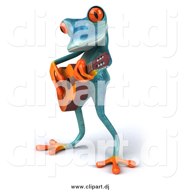 Clipart of a 3d Turquoise Frog Playing a Guitar