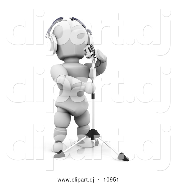 Clipart of a 3d White Character Musician Wearing Headphones and Singing into a Microphone