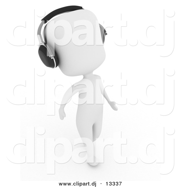Clipart of a 3d White Man Wearing Head Phones While Walking