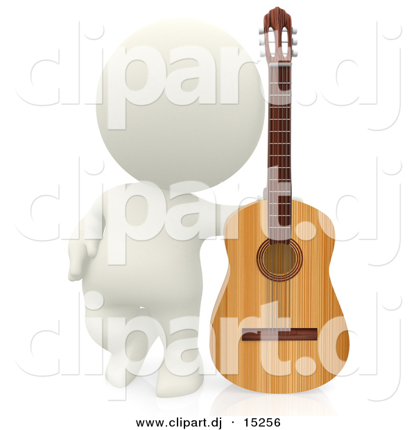 Clipart of a 3d White Person Beside His Wooden Acoustic Guitar