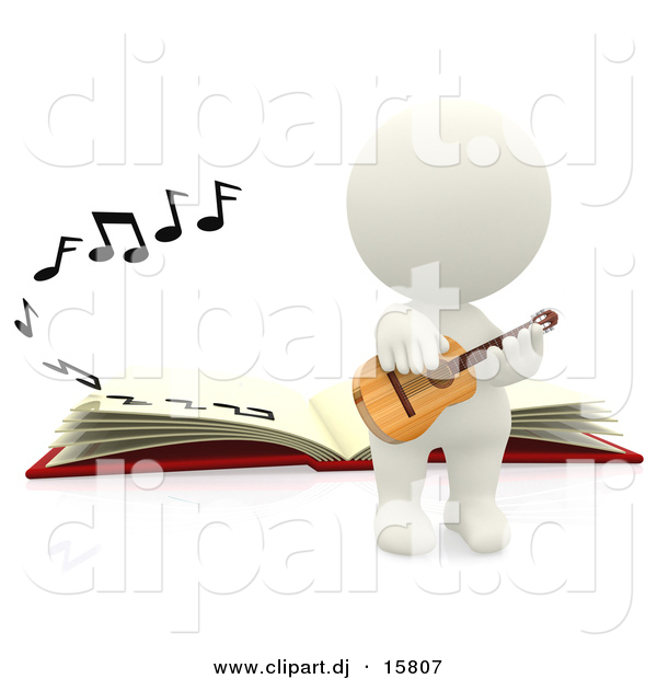 Clipart of a 3d White Person Playing Acoustic Guitar Beside a Book with Music Notes