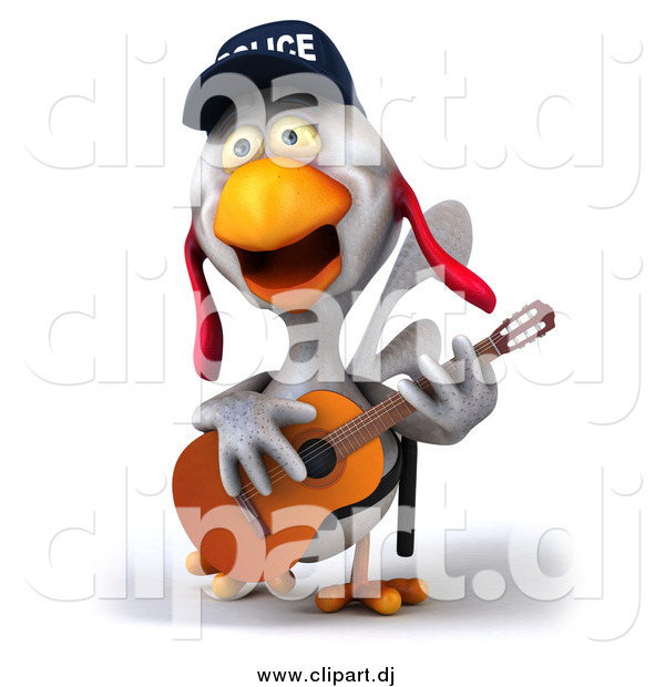 Clipart of a 3d White Police Chicken Playing a Guitar