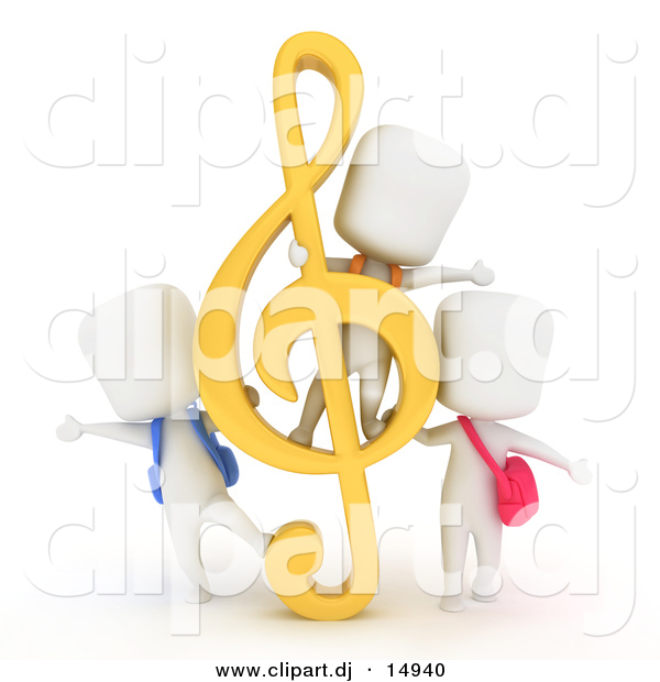 Clipart of a 3d White Students Playing with a G Clef Music Note