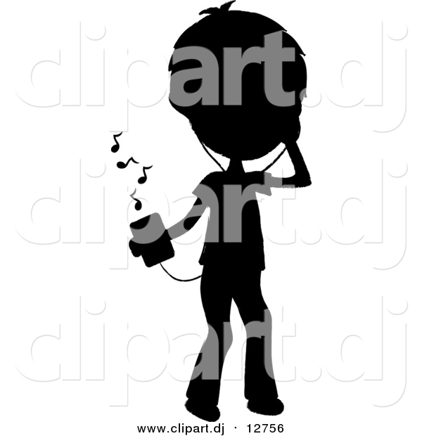 Clipart of a Black Silhouetted Stick Boy Listening to Tunes with a Music Player