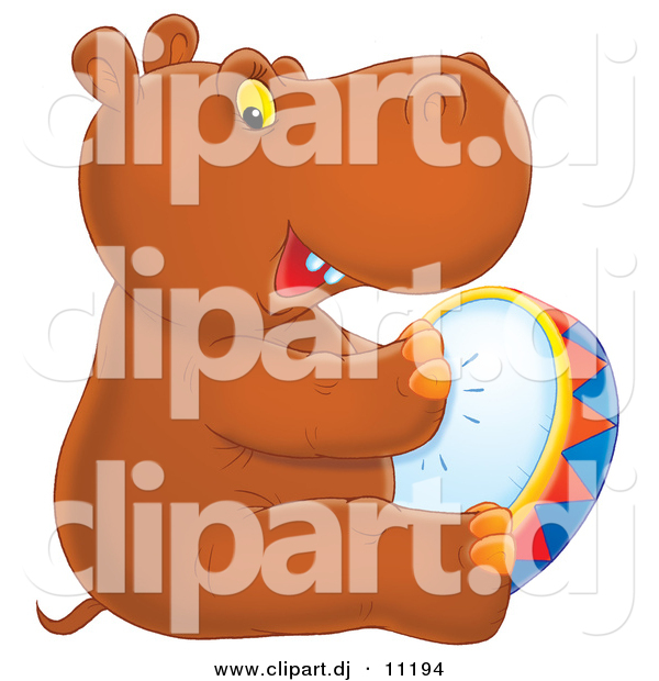 Clipart of a Cartoon Baby Hippo Playing Tambourine