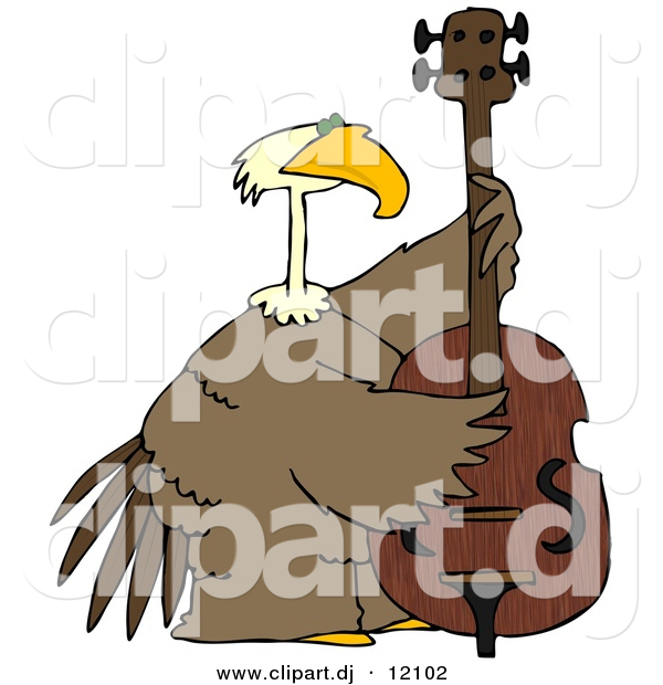 Clipart of a Cartoon Bald Eagle Playing Double Bass Instrument