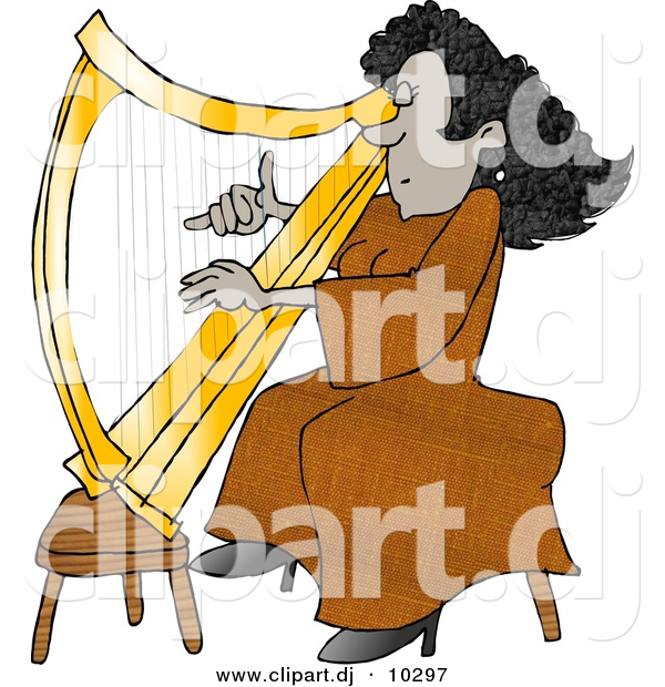Clipart of a Cartoon Black Harpist Playing Golden Harp