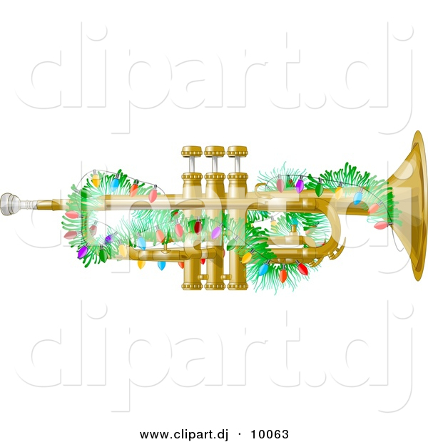 Clipart of a Cartoon Brass Trumpet Instrument with Christmas Lights