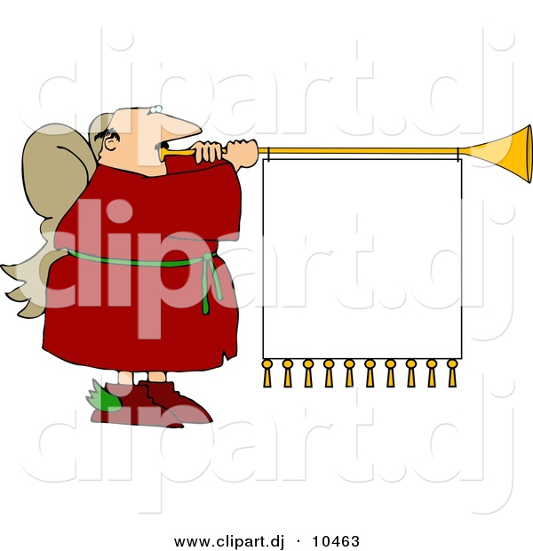Clipart of a Cartoon Christmas Angel Playing Horn with Blank Sign