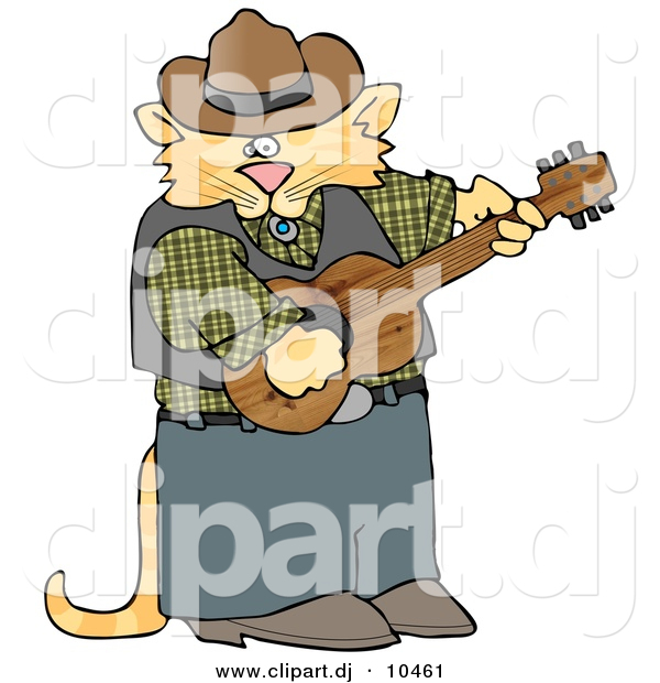 Clipart of a Cartoon Cowboy Cat Playing Acoustic Guitar