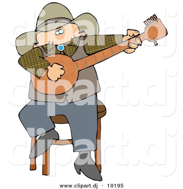 Clipart of a Cartoon Cowboy Sitting on Stool and Playing a Banjo