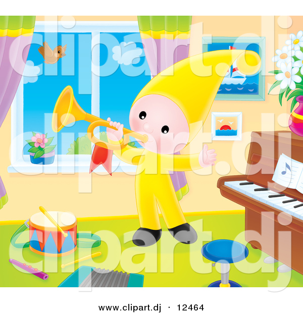 Clipart of a Cartoon Elf Playing a Horn in a Music Room