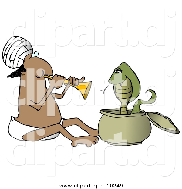 Clipart of a Cartoon Indian Man Charming Snake with Music