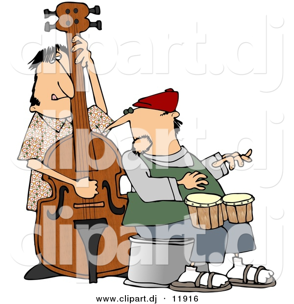 Clipart of a Cartoon Jazz Couple Playing Bass and Bongos