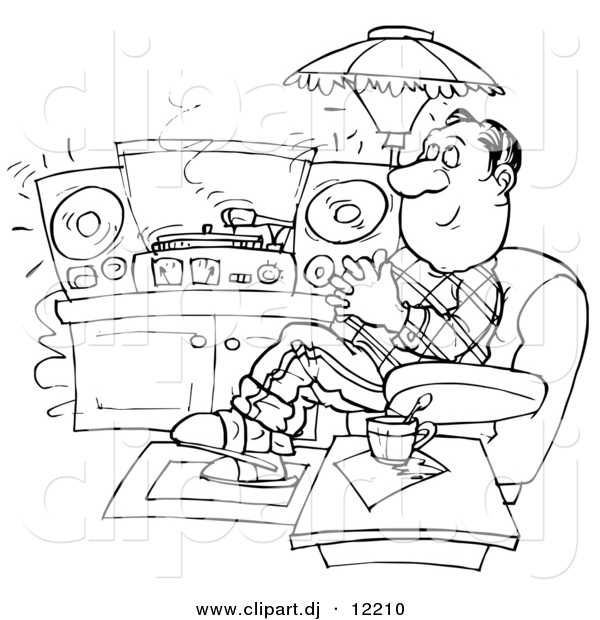 Clipart of a Cartoon Man Relaxing and Listening to Records in His Home - Outlined Coloring Page Art