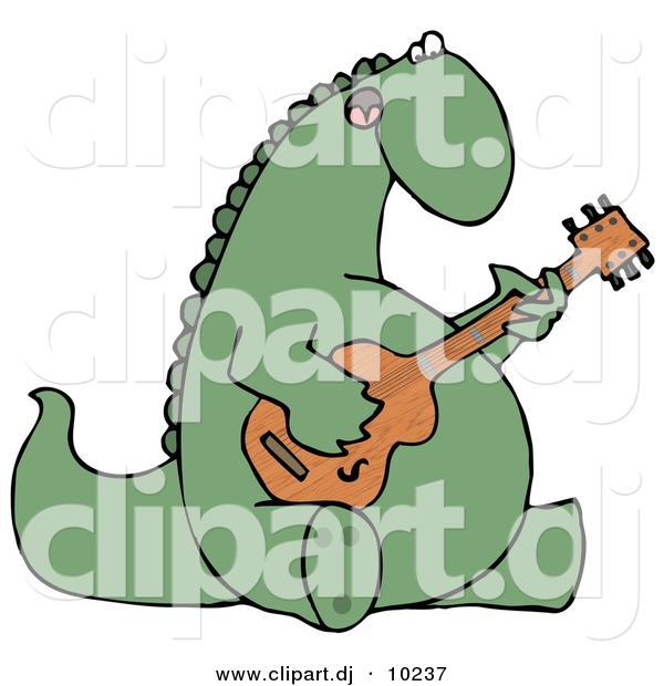 Clipart of a Cartoon Musical Dinosaur Singing While Playing Guitar