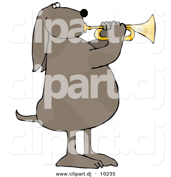 Clipart of a Cartoon Musical Dog Playing a Golden Trumpet