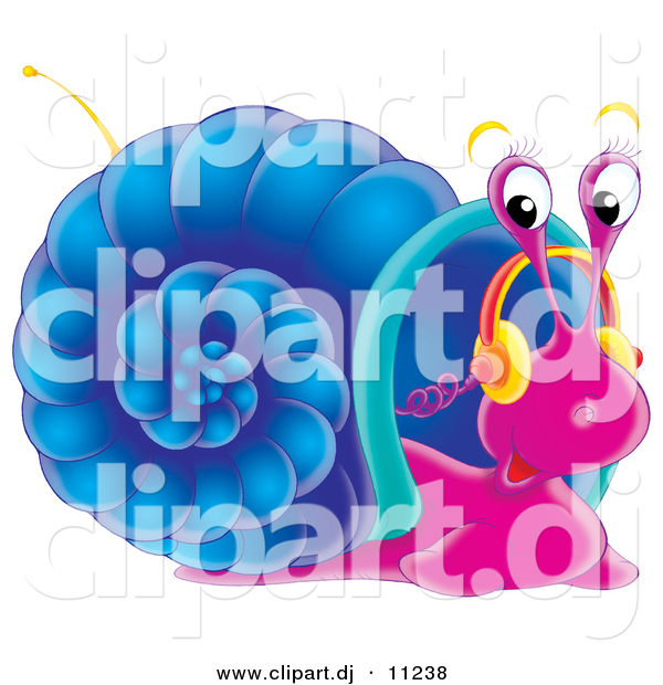Clipart of a Cartoon Purple Snail with a Blue Shell Listening to Music on Headphones