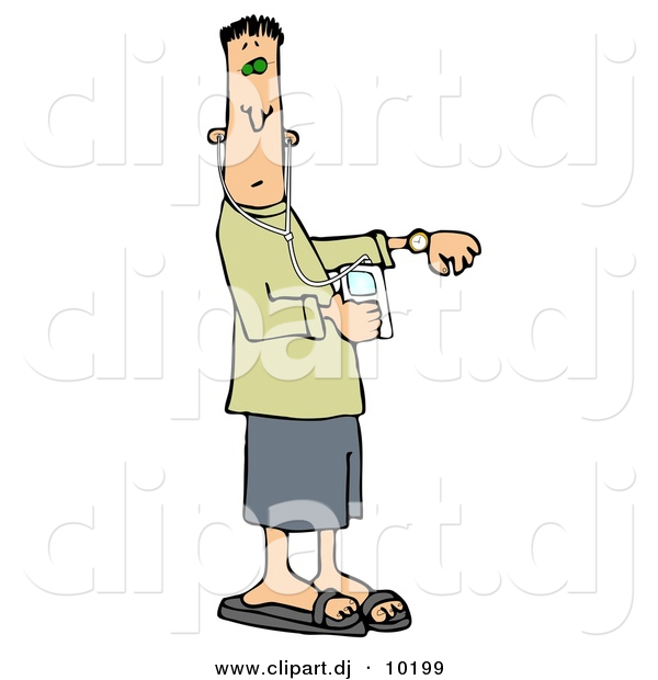 Clipart of a Cartoon Rushed Man Checking Time on Watch While Listening to Music on Mp3 Player