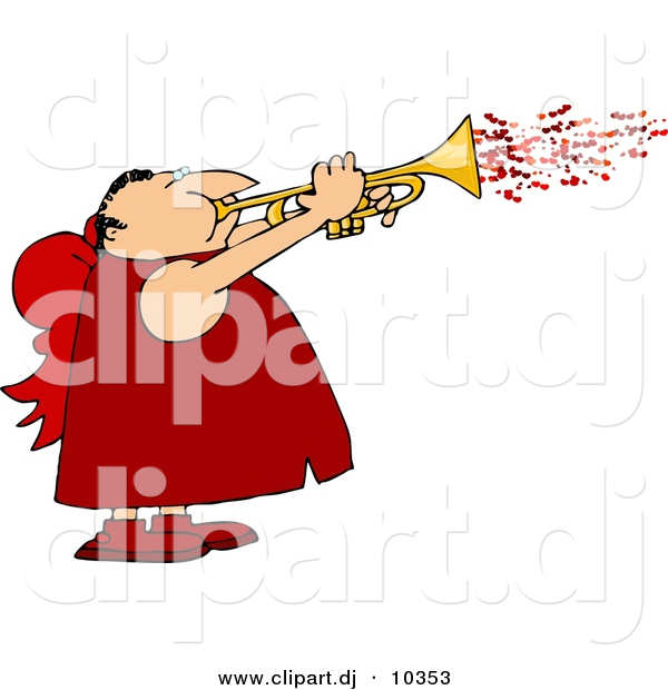 Clipart of a Cartoon Valentine Cupid Man Blowing Love Hearts out of a Trumpet
