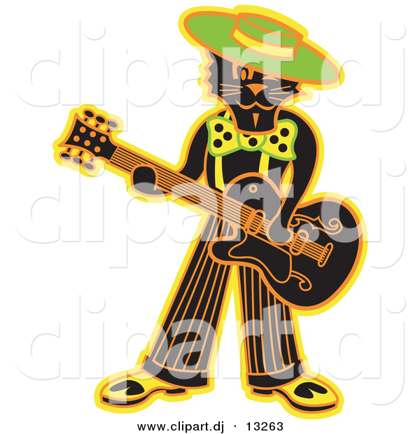 Clipart of a Cool Cartoon Black Cat Playing a Guitar