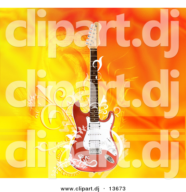 Clipart of a Electric Guitar over Flaming Orange Yellow Background