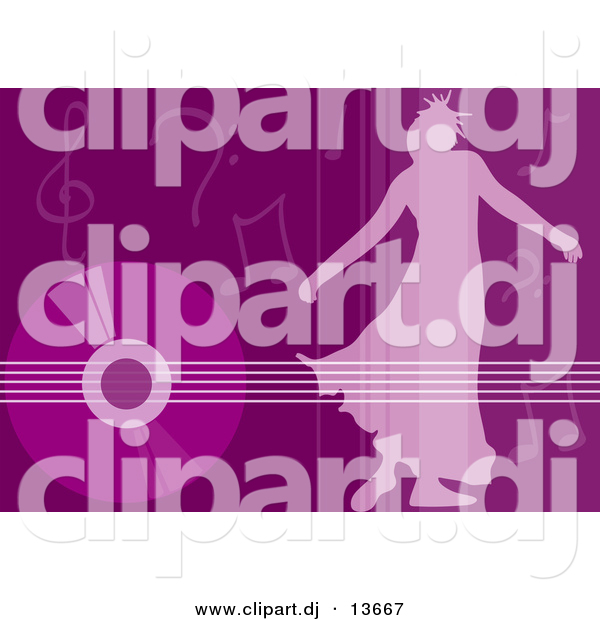 Clipart of a Girl Dancing over Purple Background with Vinyl Record and Music Notes