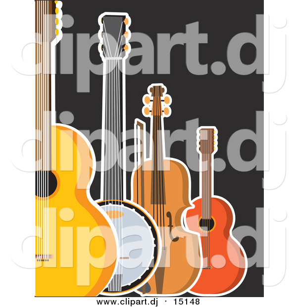 Clipart of a Guitar Banjo Violin and Ukulele on Black
